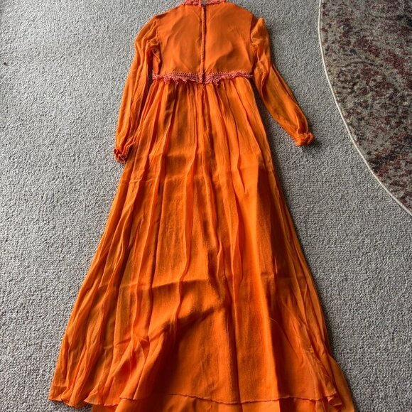 Vintage 1970s Orange Boho Prairie Dress Lace Keyhole Neck – Size S - Picture 11 of 16